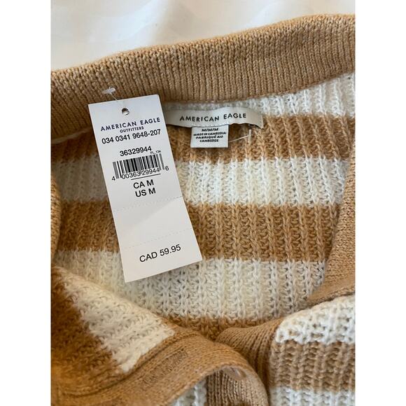 American Eagle Tan and White Striped Collared Sweater - Picture 4 of 7